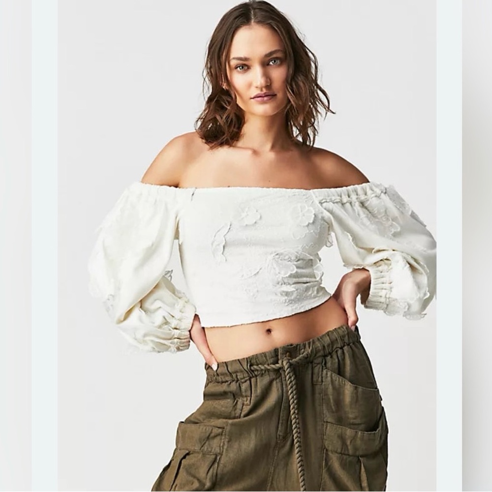 Free People Icing On Blouse Floral Lace Off-Shoulder White Floral Crop Top